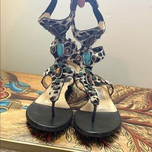 Jimmy Choo Leopard and Turquoise Beaded Sandals